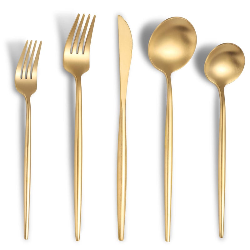 Lemeya Matte Gold Silverware Set for 4,Modern Stainless Steel Brushed Cutlery Set,20-Pieces Heavy Duty Flatware Set,Knives Spoons and Forks Set Utensils Set, Satin Finish, Dishwasher Safe - Image 1